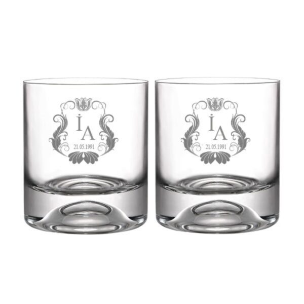 İsme Özel Harfli Arma Desenli İkili Viski Bardağı